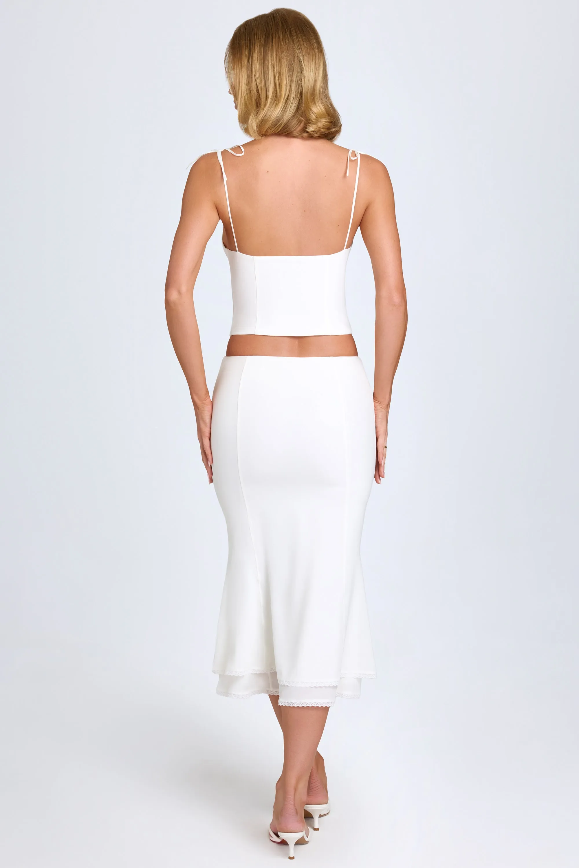Lace-Trim Mid-Rise Midaxi Skirt in White Seamless Finish