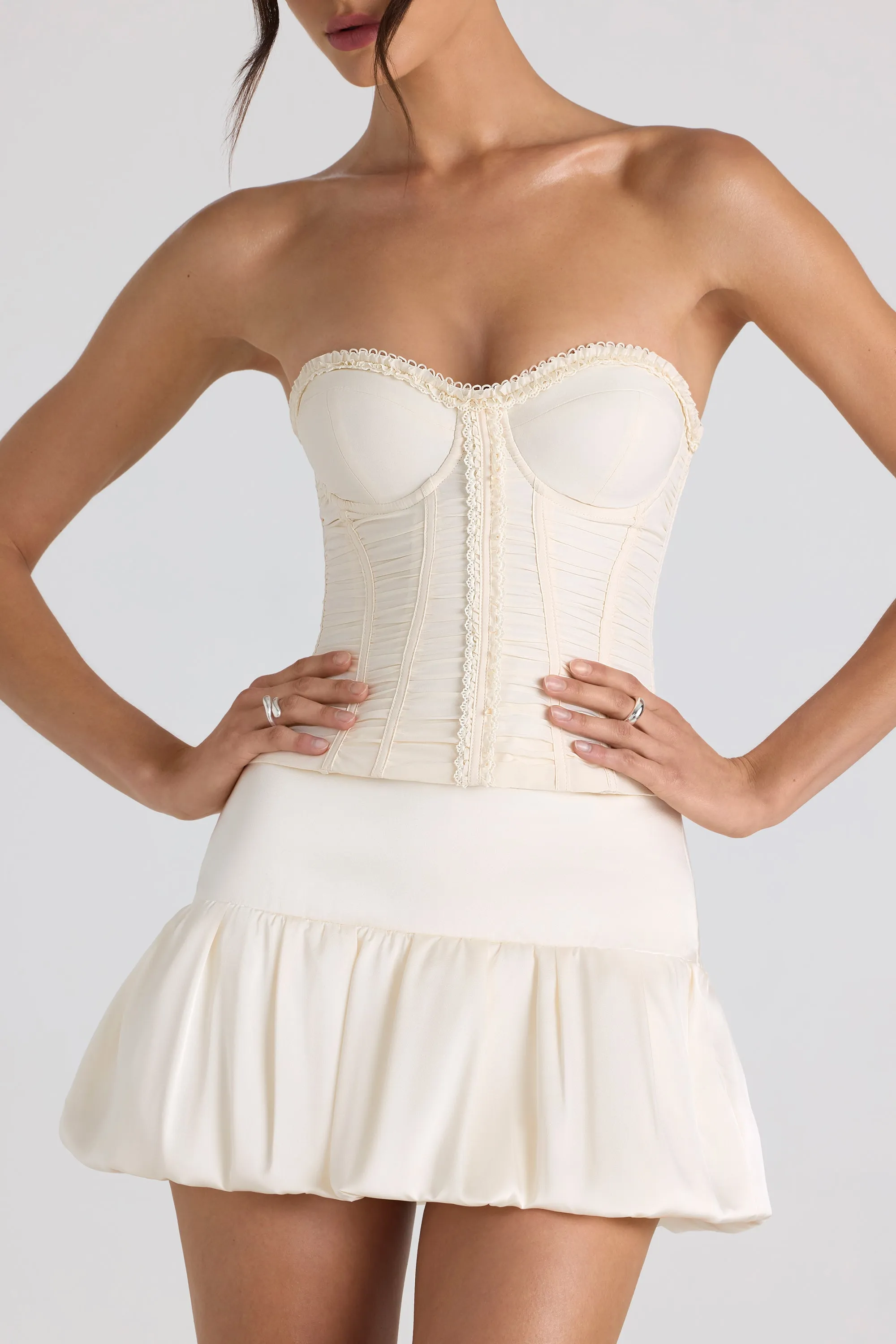 Ruched Lace-Up Strapless Corset Top in Ivory Free Mind Street Fashion