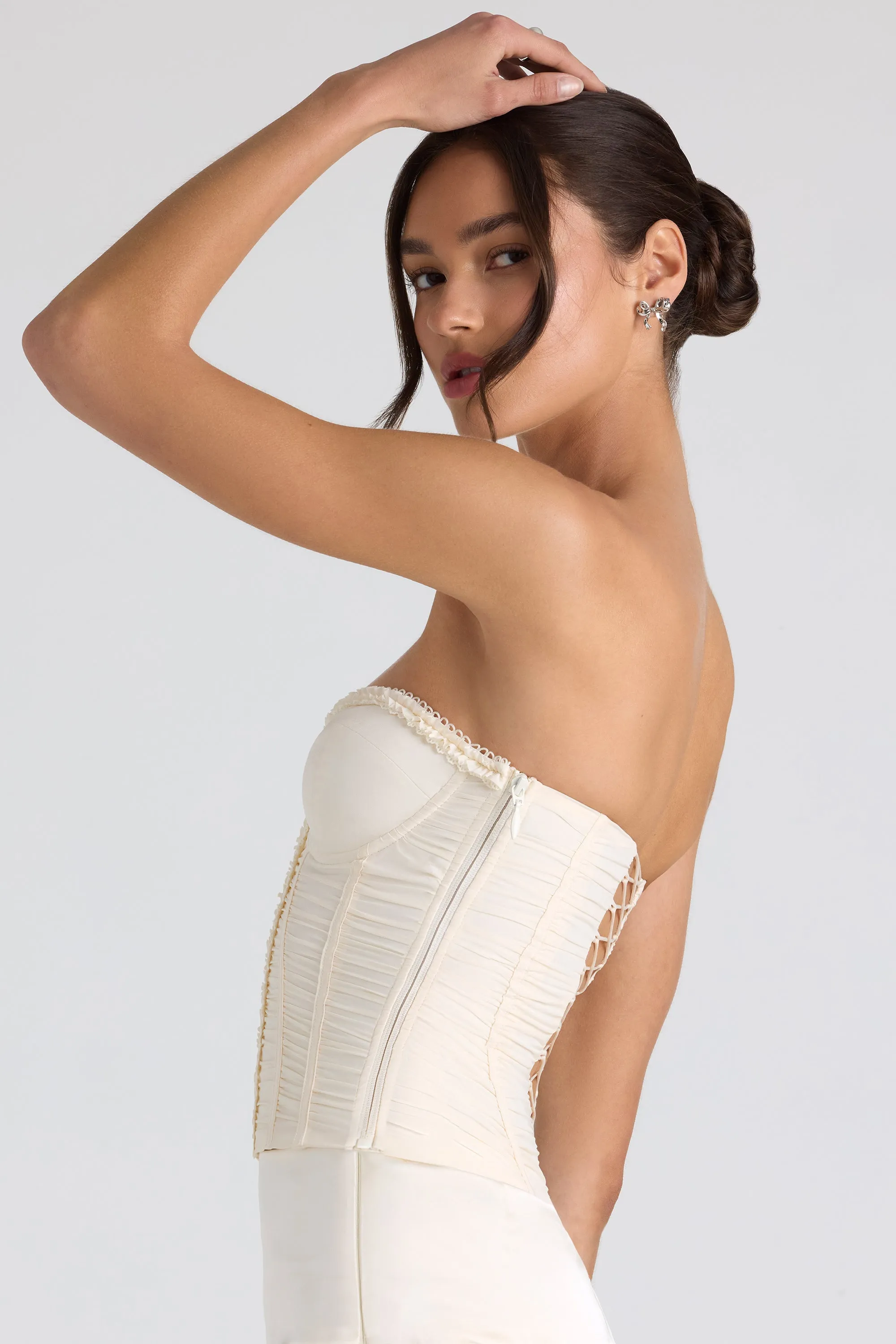 Comfortable Hoodie Champion Glow Ruched Lace-Up Strapless Corset Top in Ivory