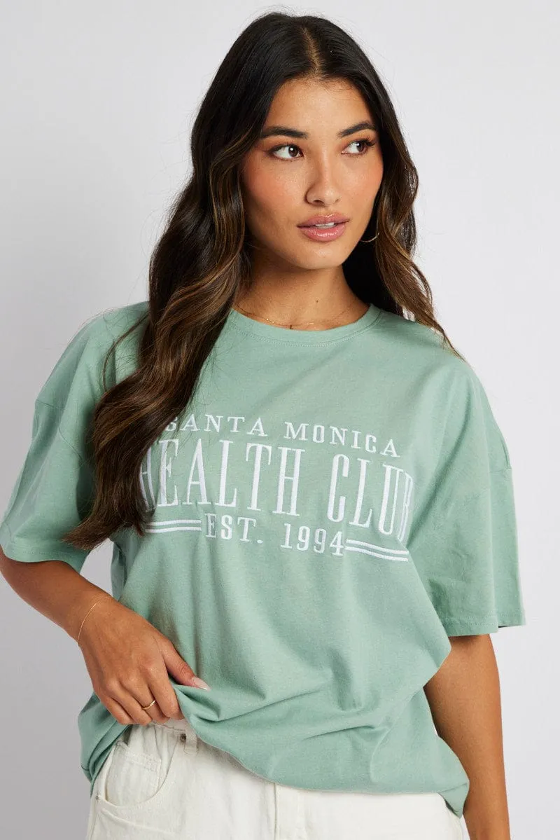 No Shrink Fabric Fashion-Forward Fit Green Graphic Tee Health Club Embroidery Slogan T-shirt