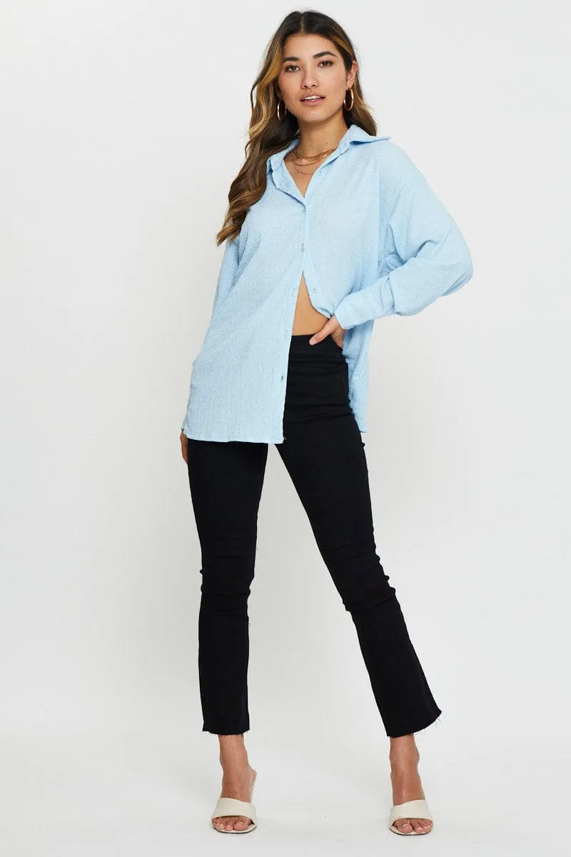 Concert Vibe Style Mood Blue Button Front Shirts Long Sleeve