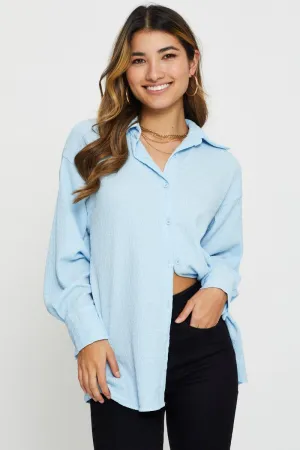 Campus Vibe Free Shape Blue Button Front Shirts Long Sleeve