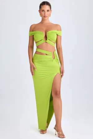 Crisp Finish Asymmetric Cut-Out Maxi Skirt in Lime Green