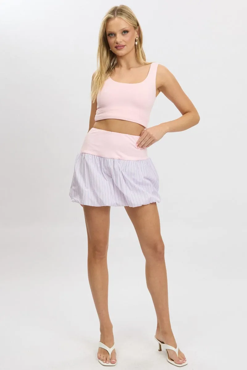 Tropical theme Pink Stripe Bubble Skirt High Rise Rib Waist Mini Balloon