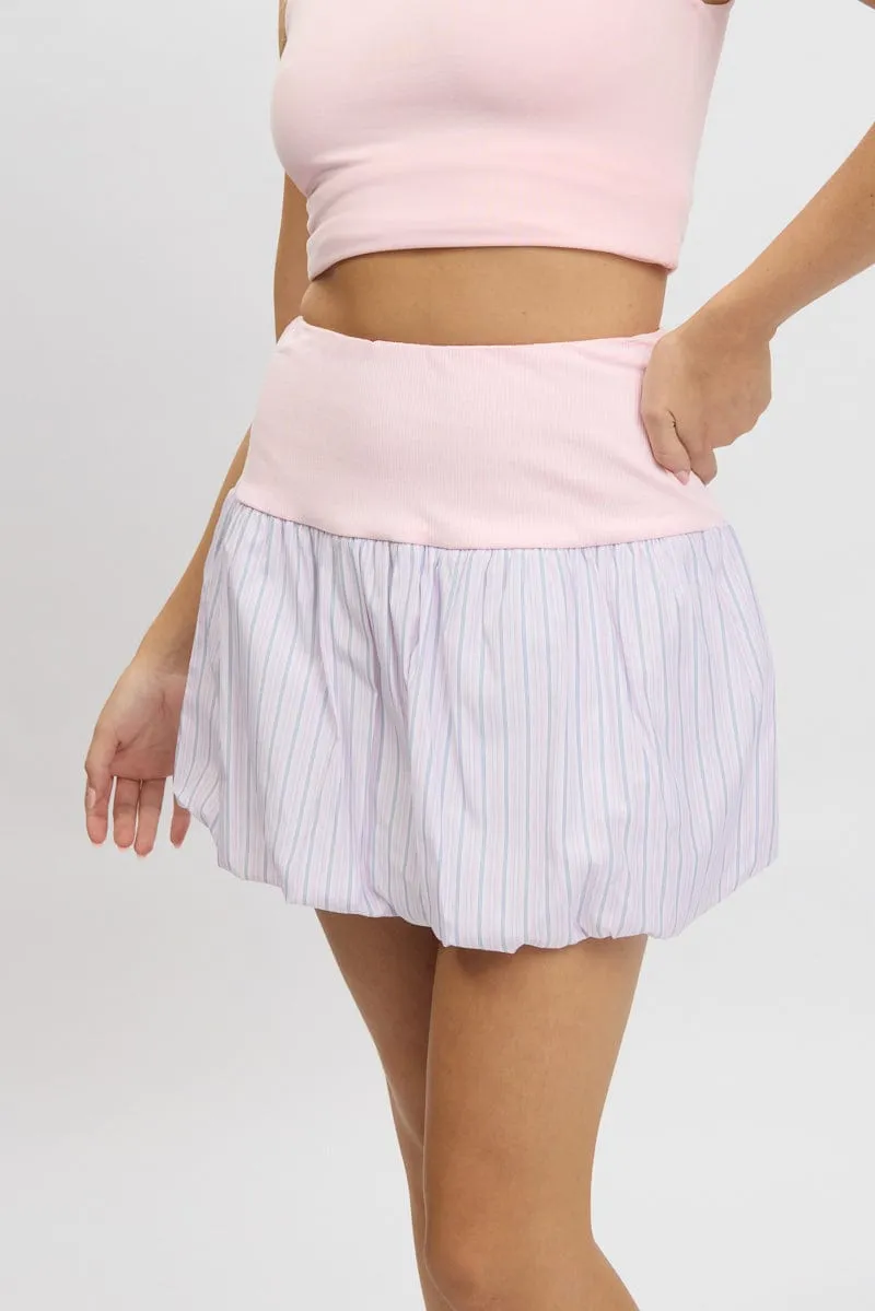 Stretchable Waist Travel Influence Pink Stripe Bubble Skirt High Rise Rib Waist Mini Balloon
