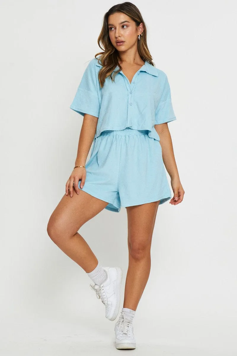 Hot Weather Stain-Resistant Blue Track Shorts Terry