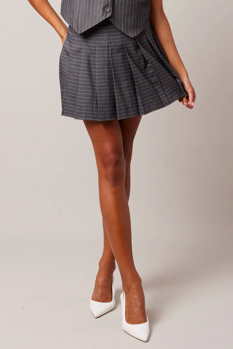 Grey Stripe Tennis Skirt Pleated Mini Casual Wear