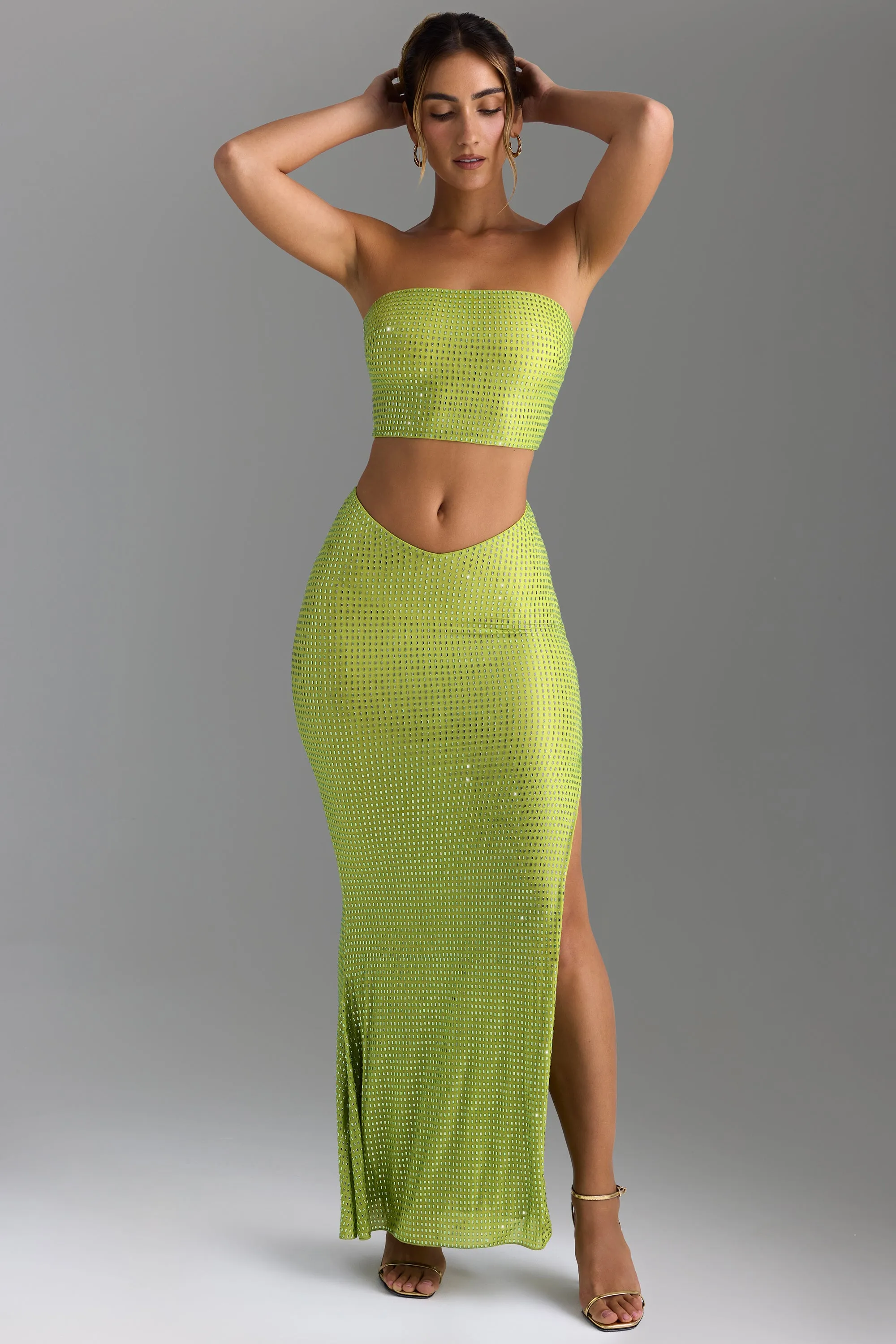 Embellished V-Waist Maxi Skirt in Pear Green Hemp Blend