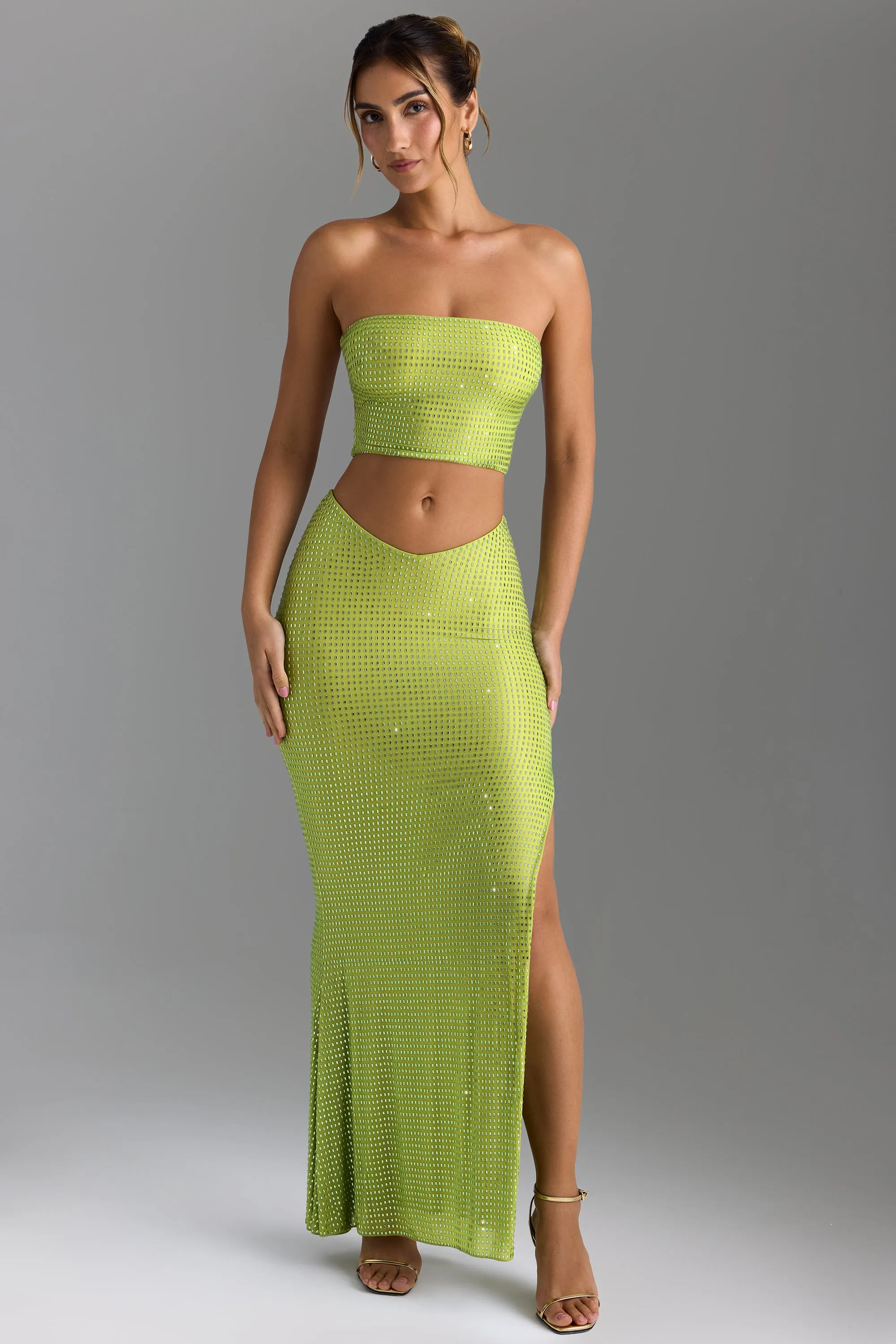 Chic Attire Runway Inspired Embellished V-Waist Maxi Skirt in Pear Green
