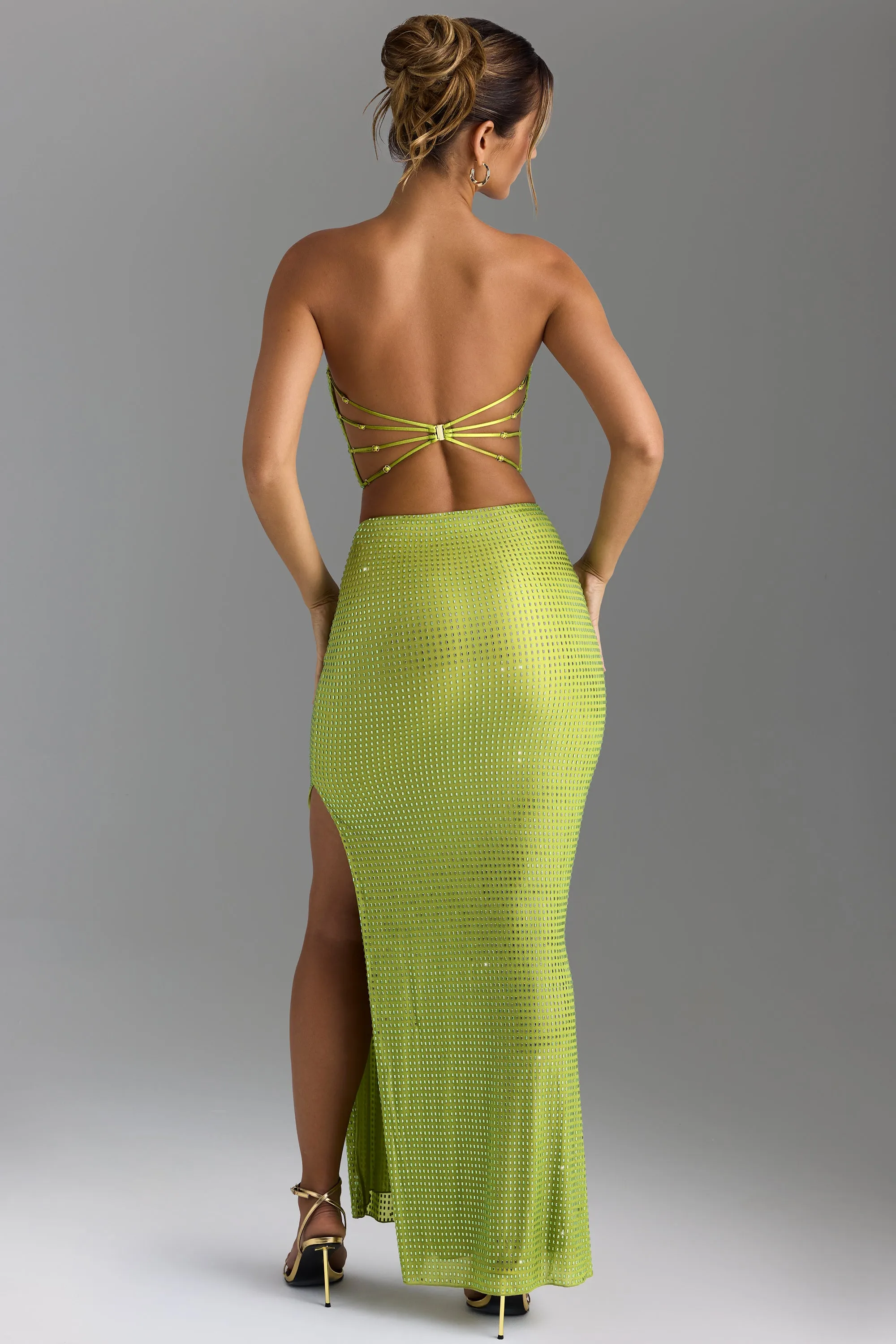 Front Slit Embellished V-Waist Maxi Skirt in Pear Green