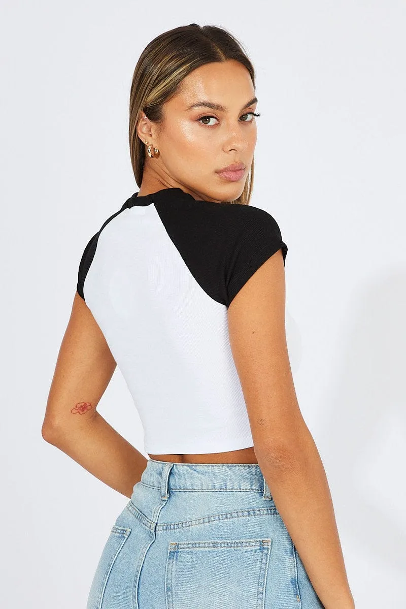 White Graphic Tee Crop Short Sleeve Anti Static Treatment Ribbed collar