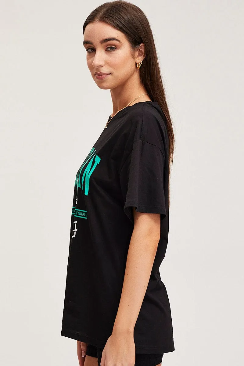 Solid Color Raw Edge Hem Black Graphic T Shirt Short Sleeve