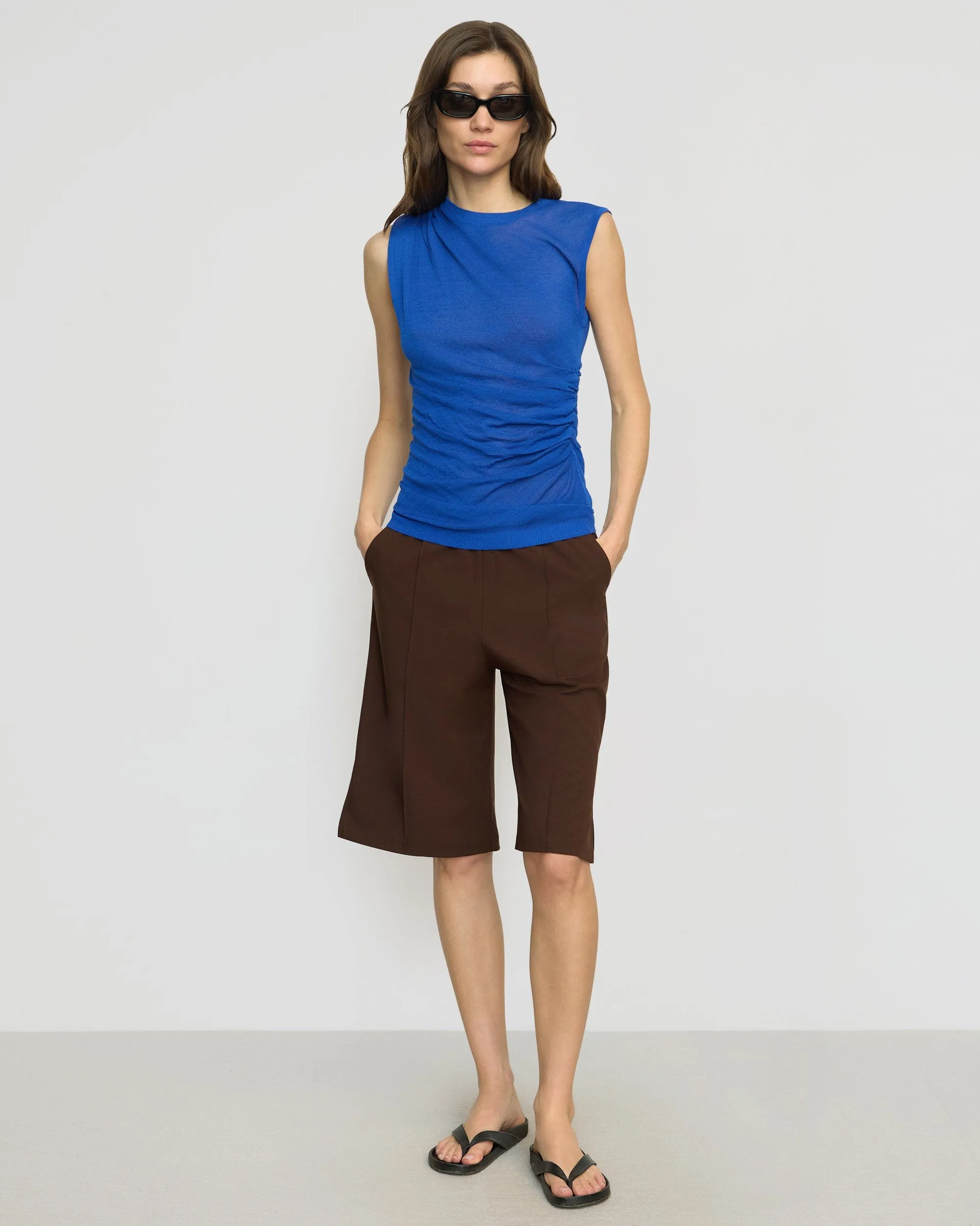 Mikey Semi-Sheer Asymmetric-Ruched Top Textured Weave Ribbed Hem