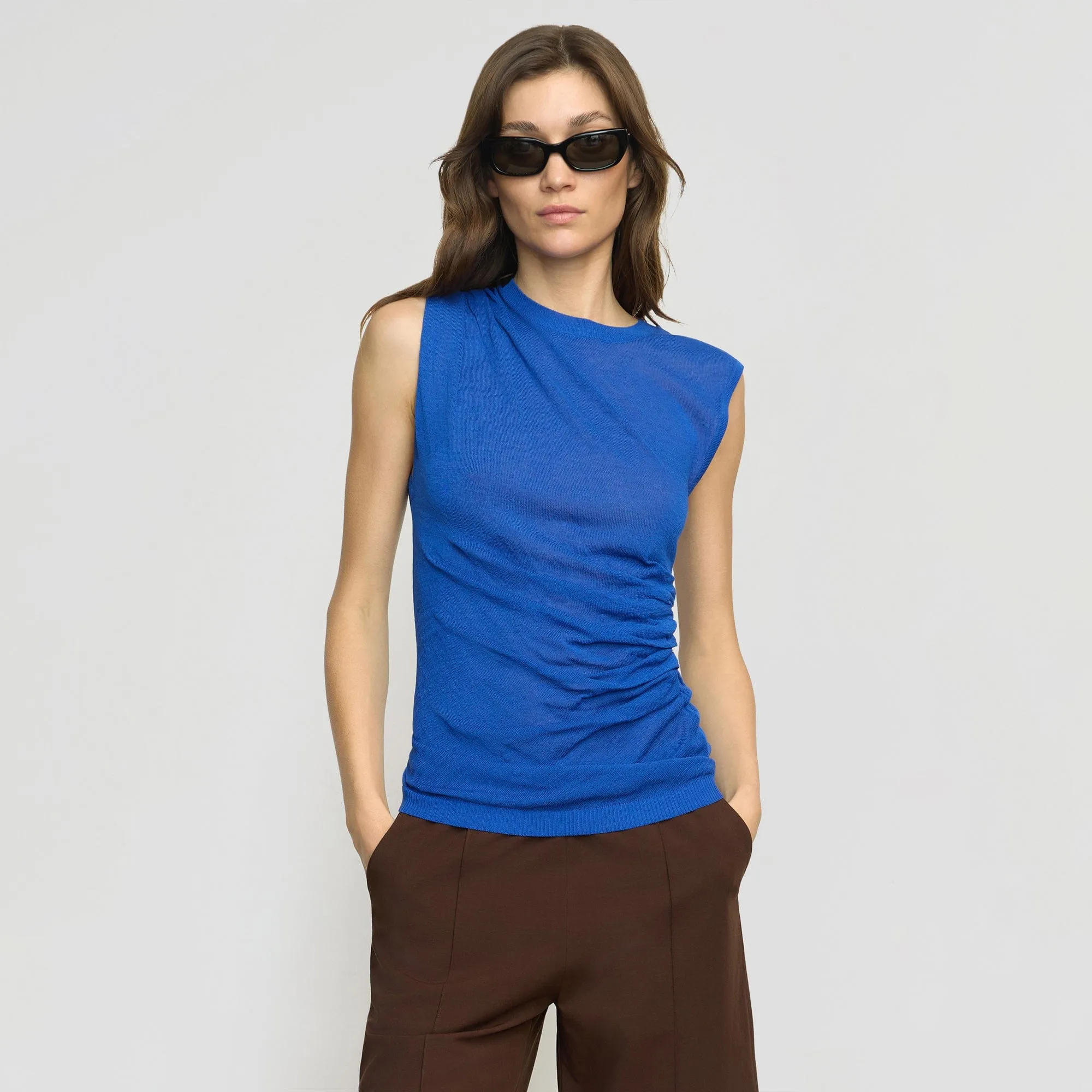 Mikey Semi-Sheer Asymmetric-Ruched Top Perfect for Layering Anti Static Treatment