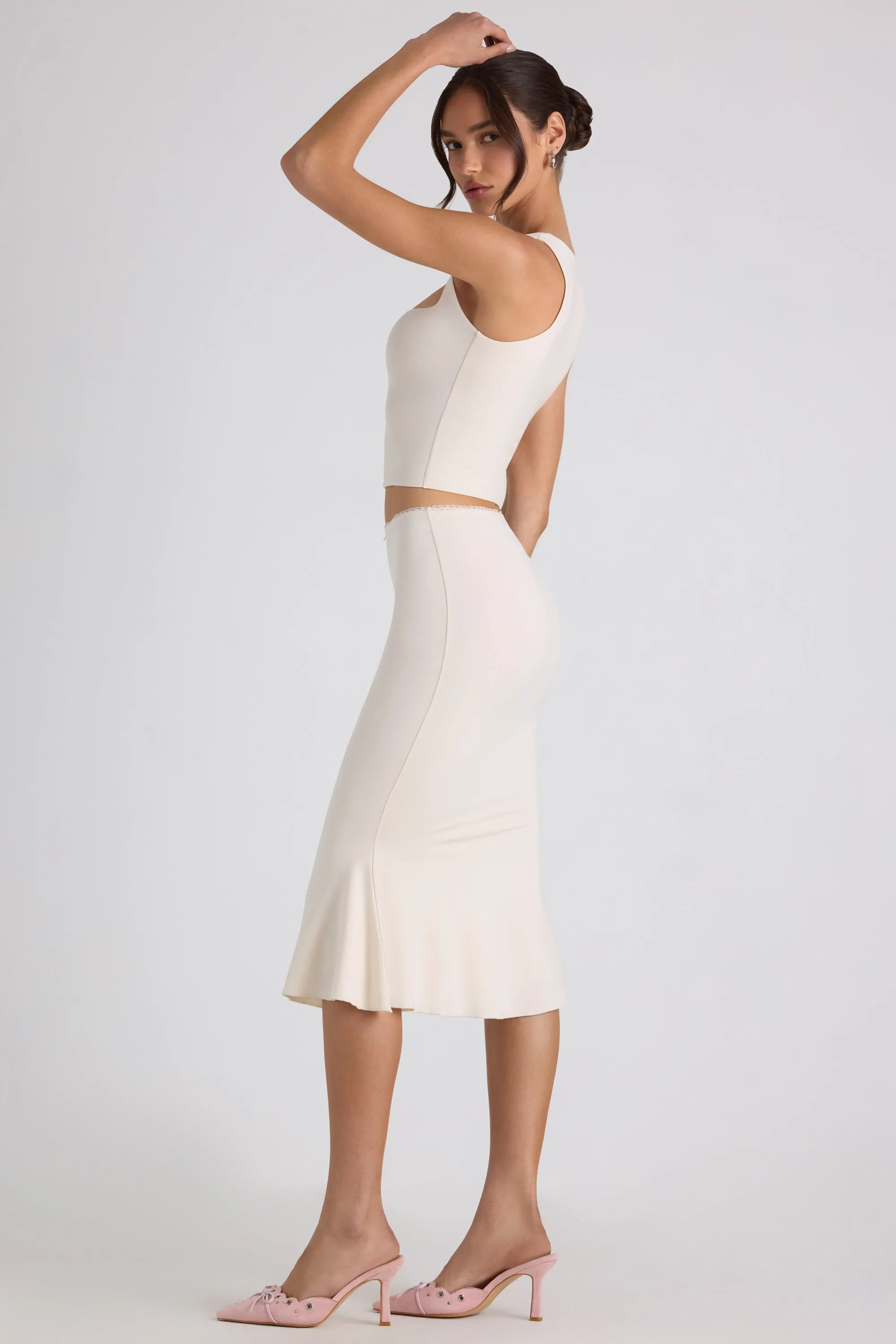 Modal Bow-Detail Mid-Rise Midi Skirt in Ivory Midi length Timeless Wear