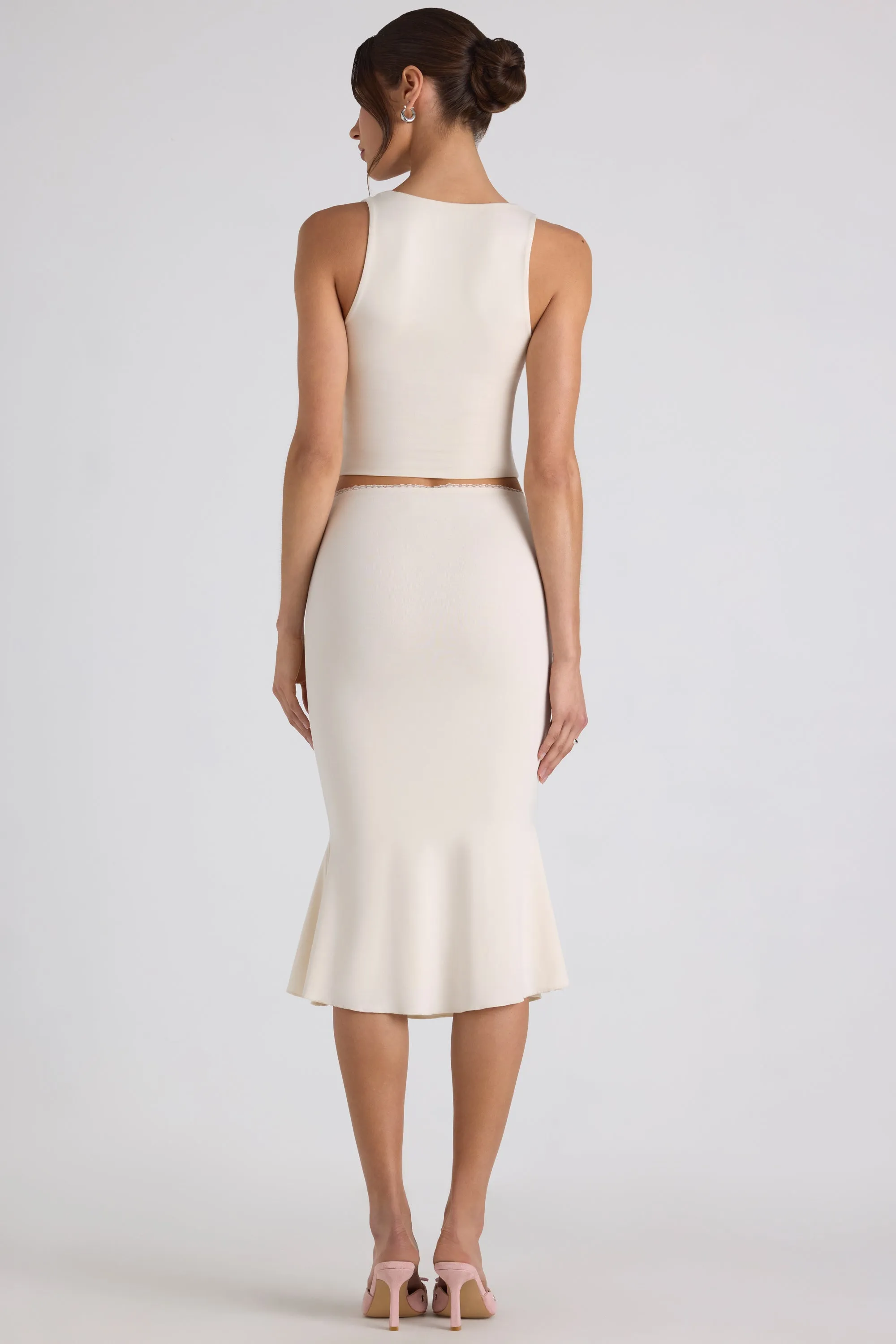 Twist Knot Details Modal Bow-Detail Mid-Rise Midi Skirt in Ivory