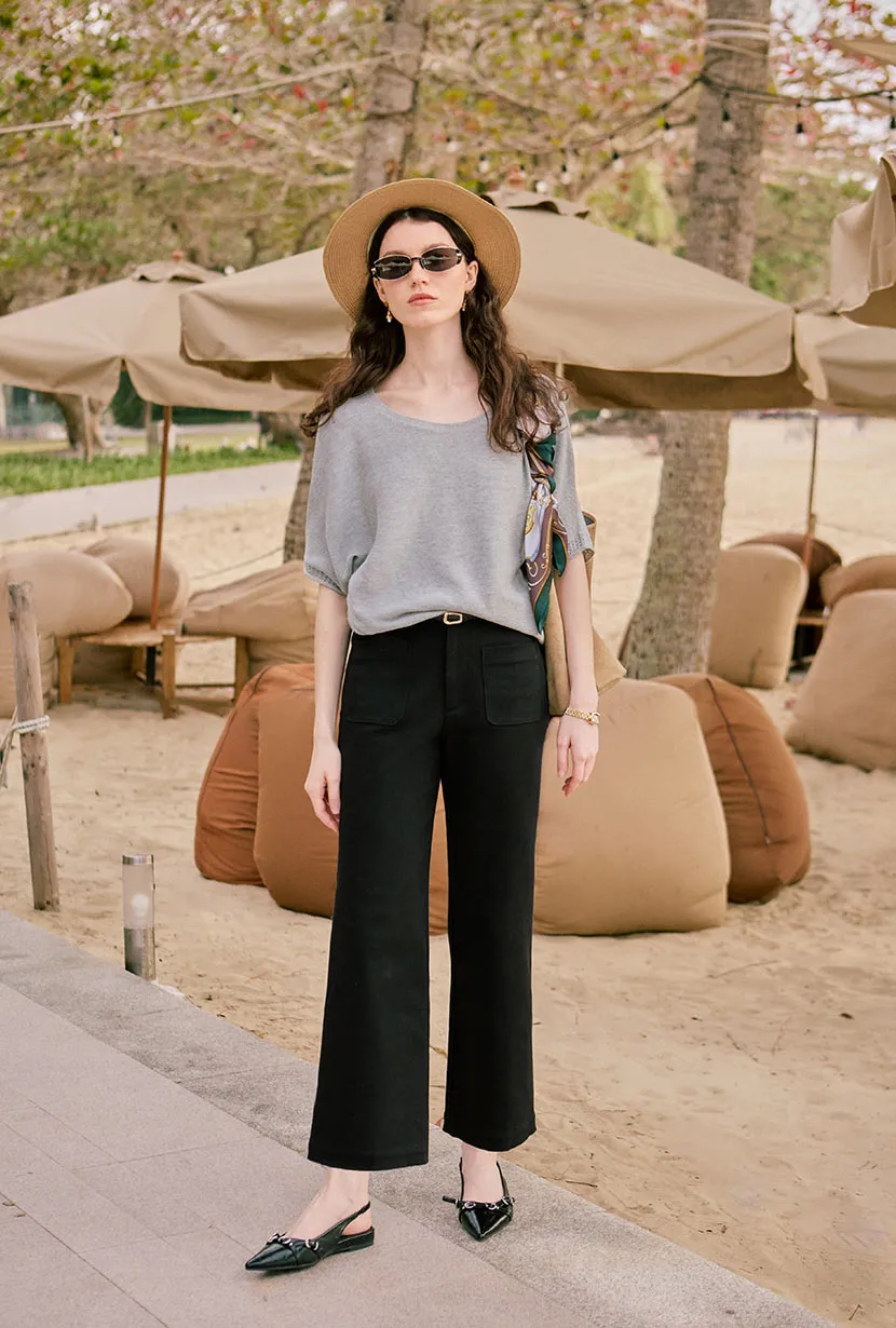 GridTexture Trendy Sweatpants Billy Cropped Wide-Leg Denim Jeans - Black