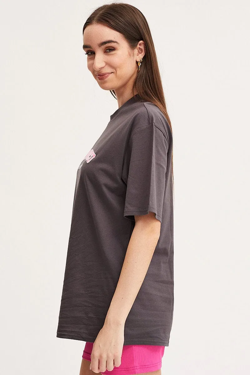 Chic Vibe Grey Graphic T-Shirt Short Sleeve Embroided