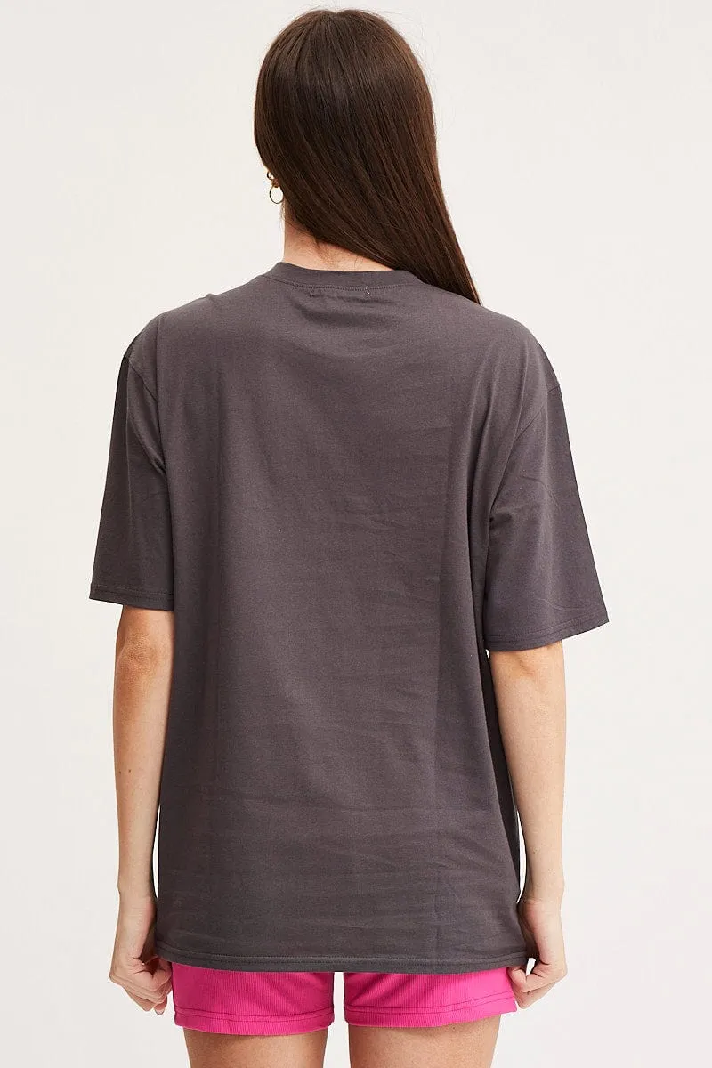 Grey Graphic T-Shirt Short Sleeve Embroided Layered Sleeve Construction
