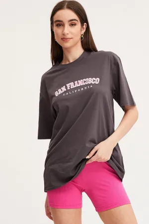 Grey Graphic T-Shirt Short Sleeve Embroided Outdoor Style Comfy All-Day
