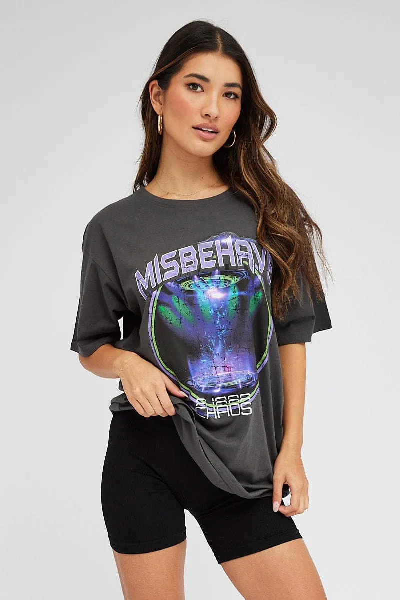 Grey Graphic Tee Short Sleeve Round Neck Basic Piece