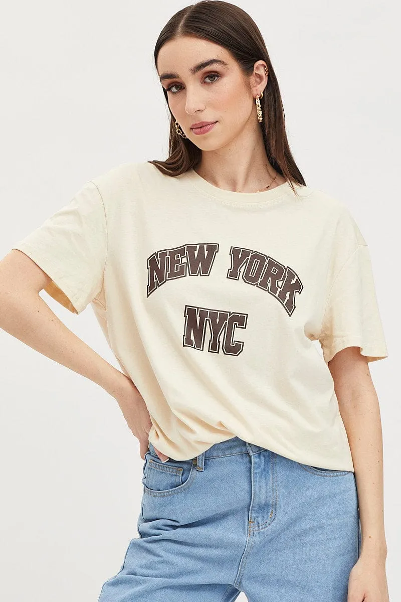 Beige Graphic T Shirt Short Sleeve Basic Comfort
