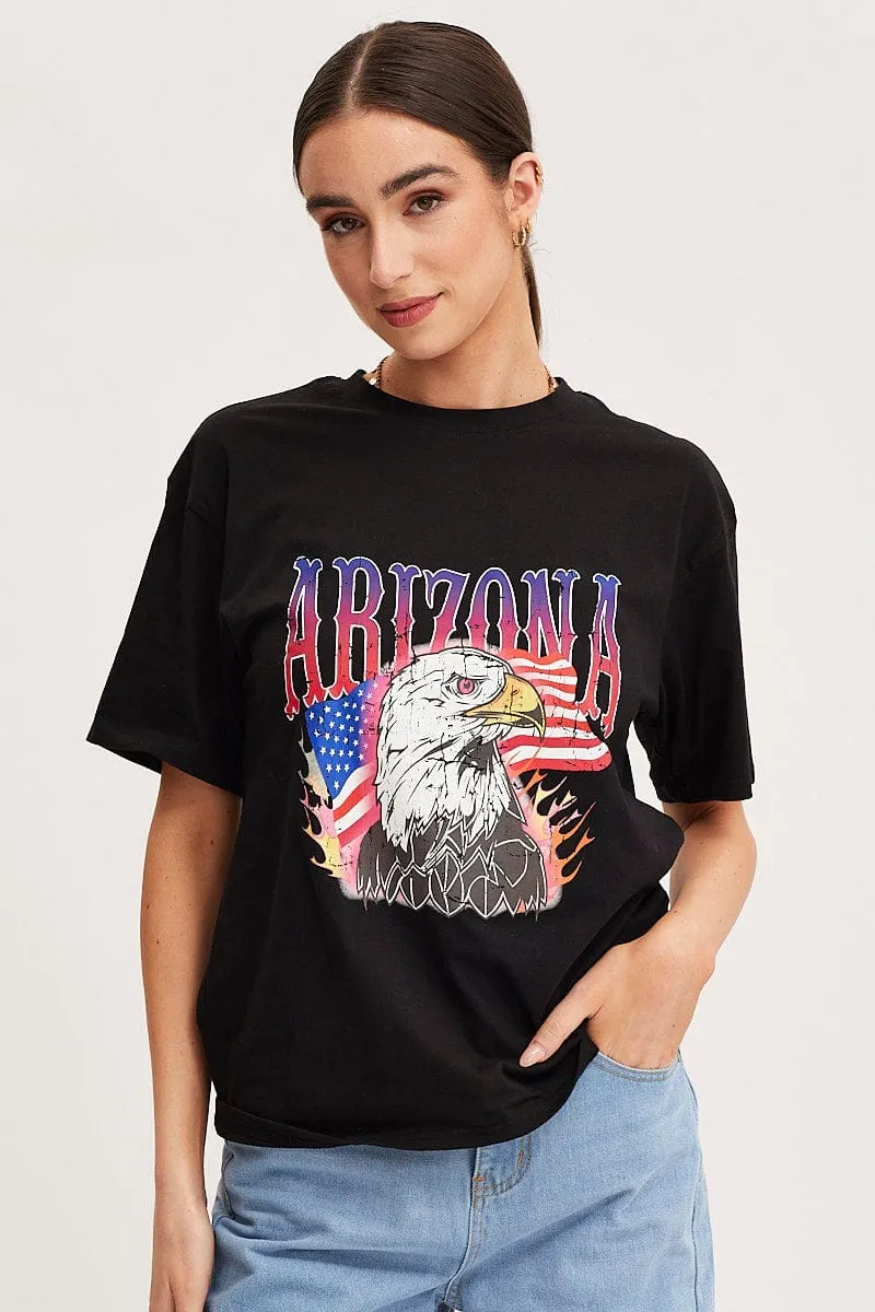 Black Graphic T-Shirt Short Sleeve Street Smart Biodegradable Textile