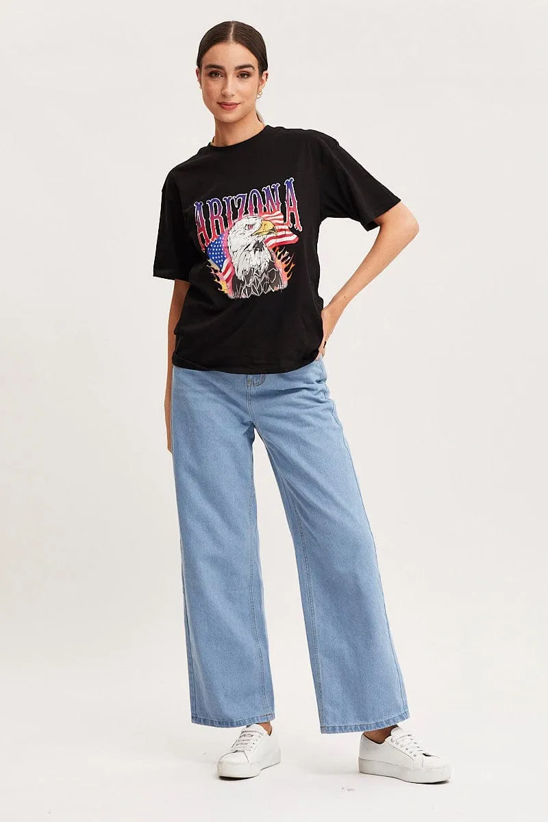 SoftTouchFinish Ribbed Collar Design Black Graphic T-Shirt Short Sleeve