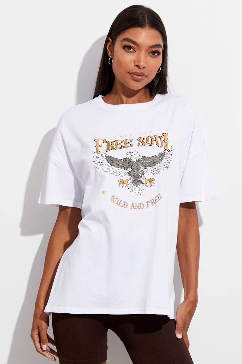Slim fit clothing Daily Outfit White T Shirt Crew Neck Short Sleeve Longline Eagle