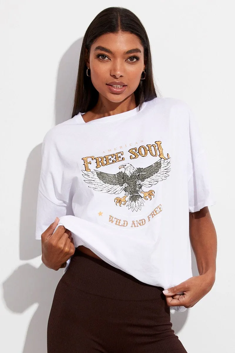 White T Shirt Crew Neck Short Sleeve Longline Eagle Anti Pilling Treatment