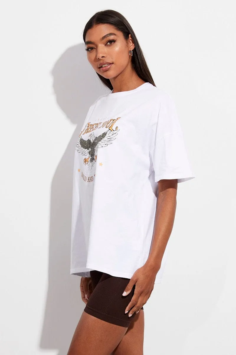 Outdoor Sports White T Shirt Crew Neck Short Sleeve Longline Eagle