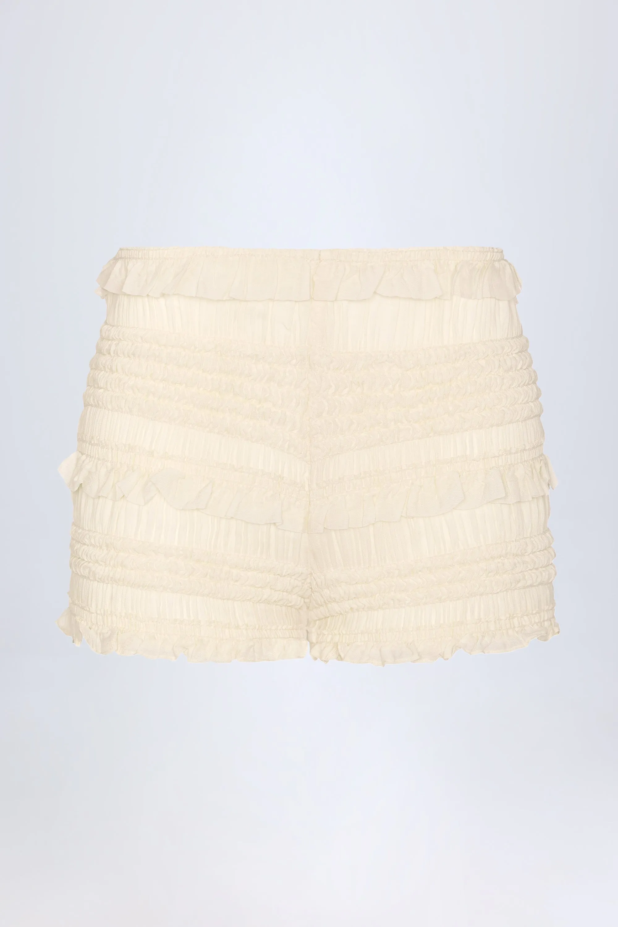 DoubleStitchedSeams Ruffled Mid-Rise Shorts in Ivory