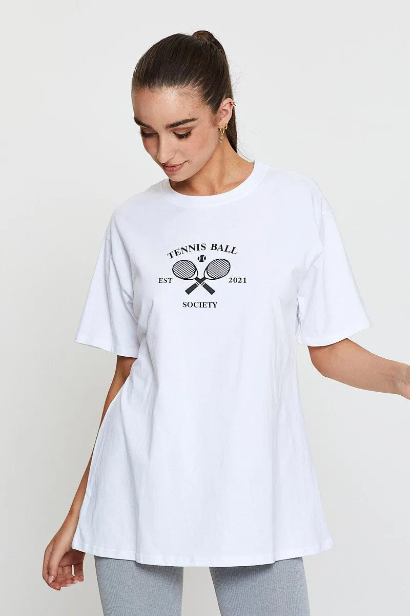 White Graphic T-Shirt Short Sleeve Oversized Stretch Fabric Technology