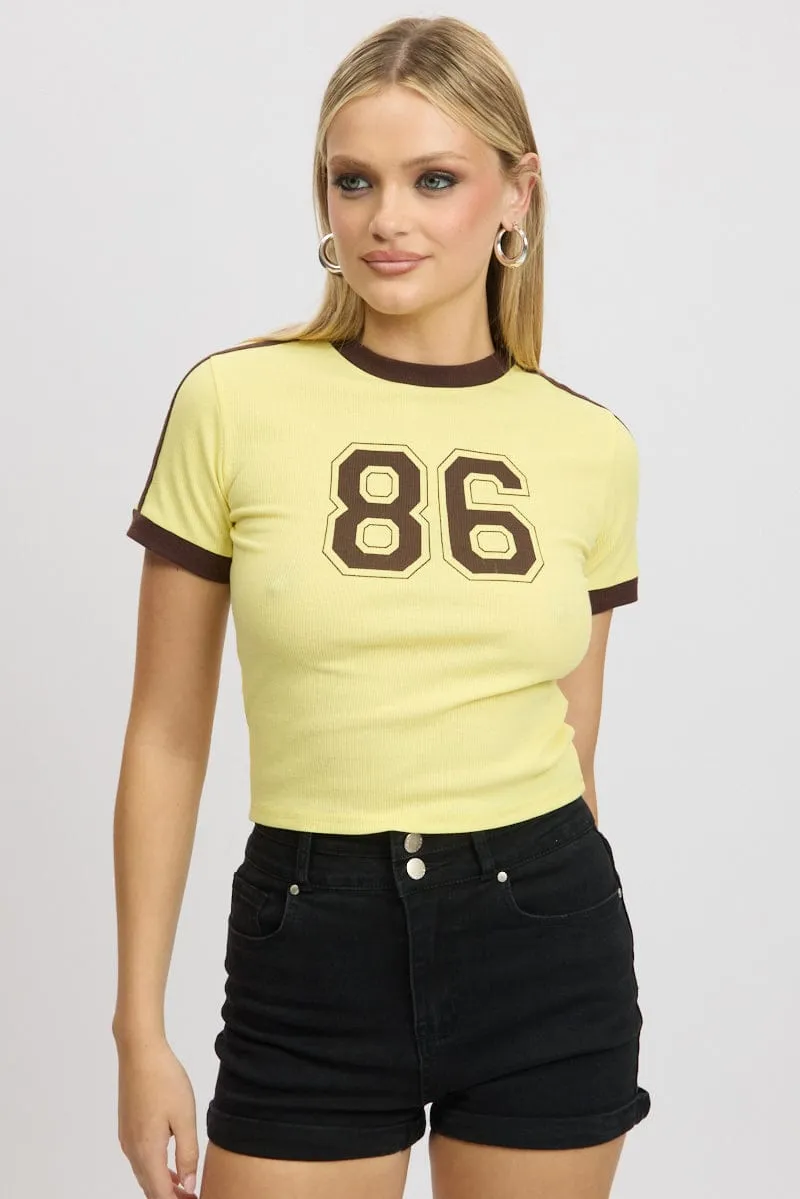 Yellow Graphic Tee Short Sleeve Contrast Binding Reinforced Neckline