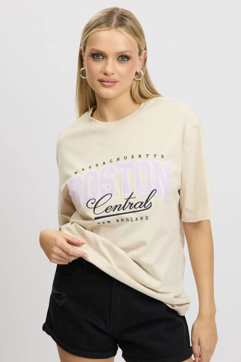 Active Trend Beige Graphic Tee Short Sleeve