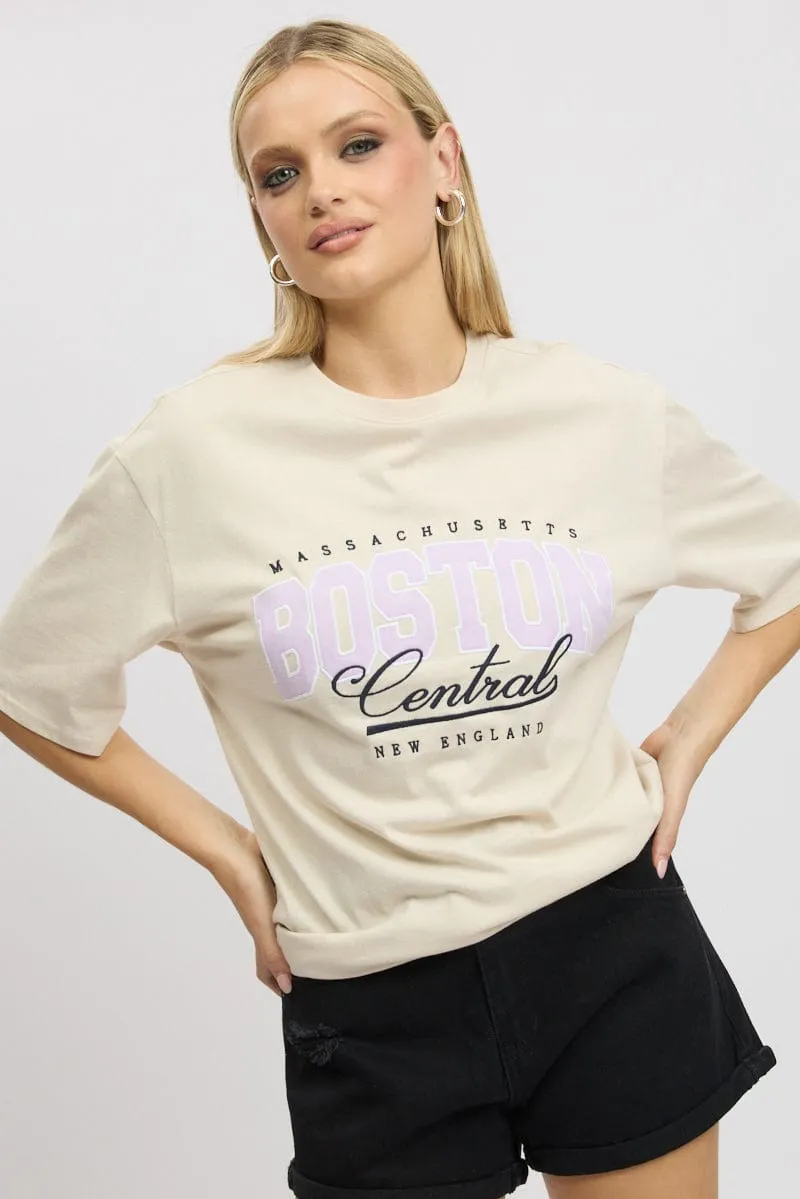 Beige Graphic Tee Short Sleeve Easy Care Garment Dyed
