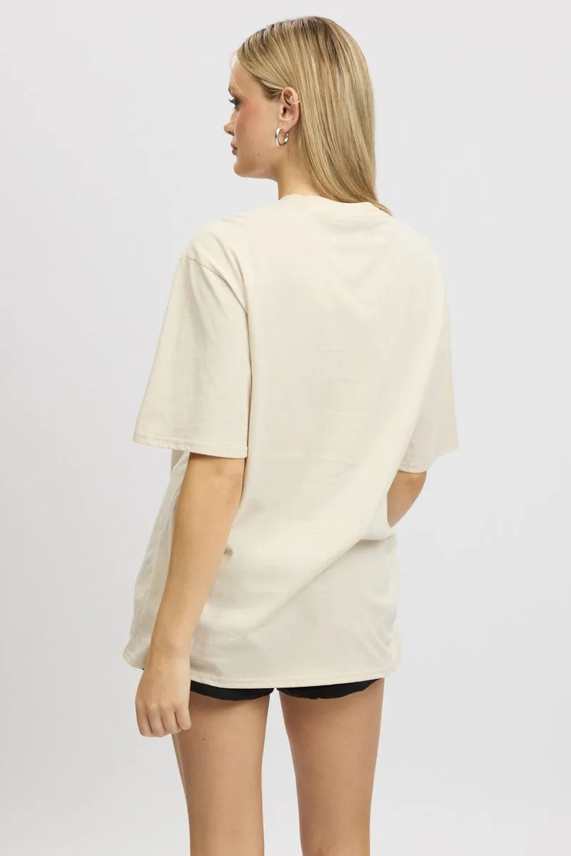 Beige Graphic Tee Short Sleeve Garment Dyed Technique