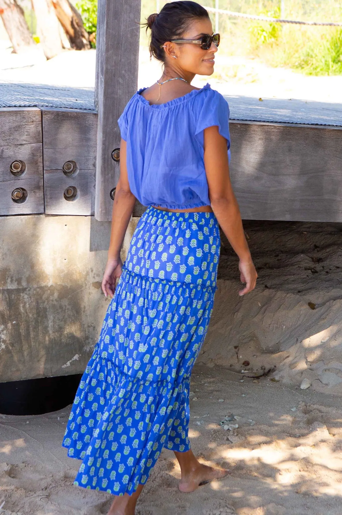 Travel Ready Bea Printed Organic Cotton Skirt | Odisha Blue/Green