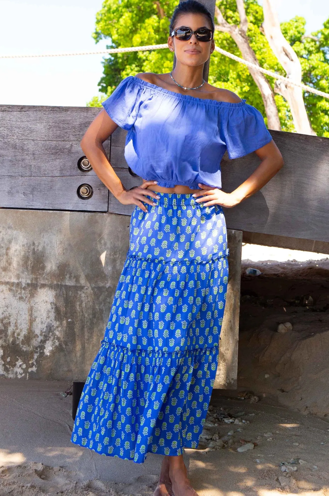 Bea Printed Organic Cotton Skirt | Odisha Blue/Green Sustainable Fabric Flexible Motion