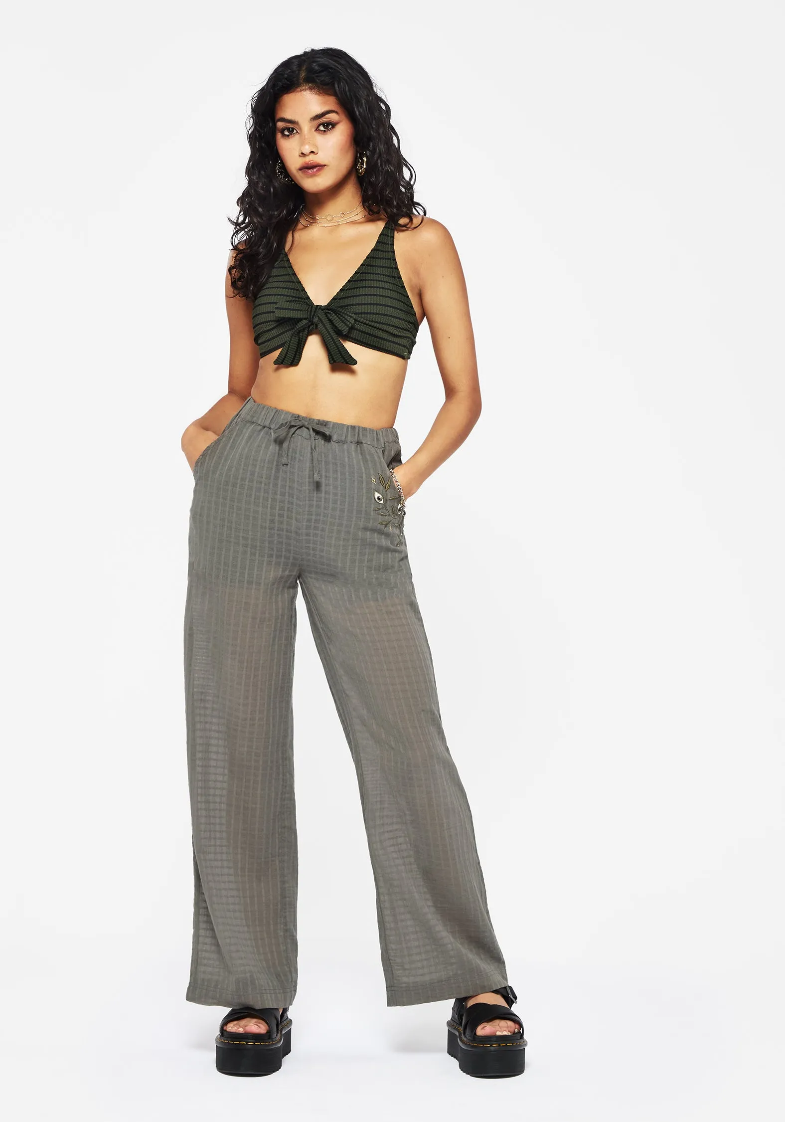 Quick Access Pockets Koax Cotton Check Embroidered Beach Trouser