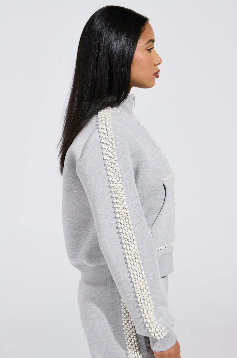 PEARL GIRL ZIP UP SWEATSHIRT IN GREY shoe accents Machine washable