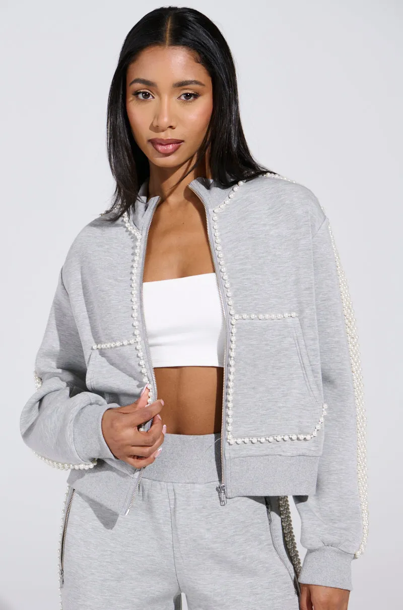 Party Ready PEARL GIRL ZIP UP SWEATSHIRT IN GREY
