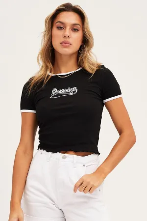 Black Contrast Bind Embroidered Tee Reinforced Hems Standard Body Fit