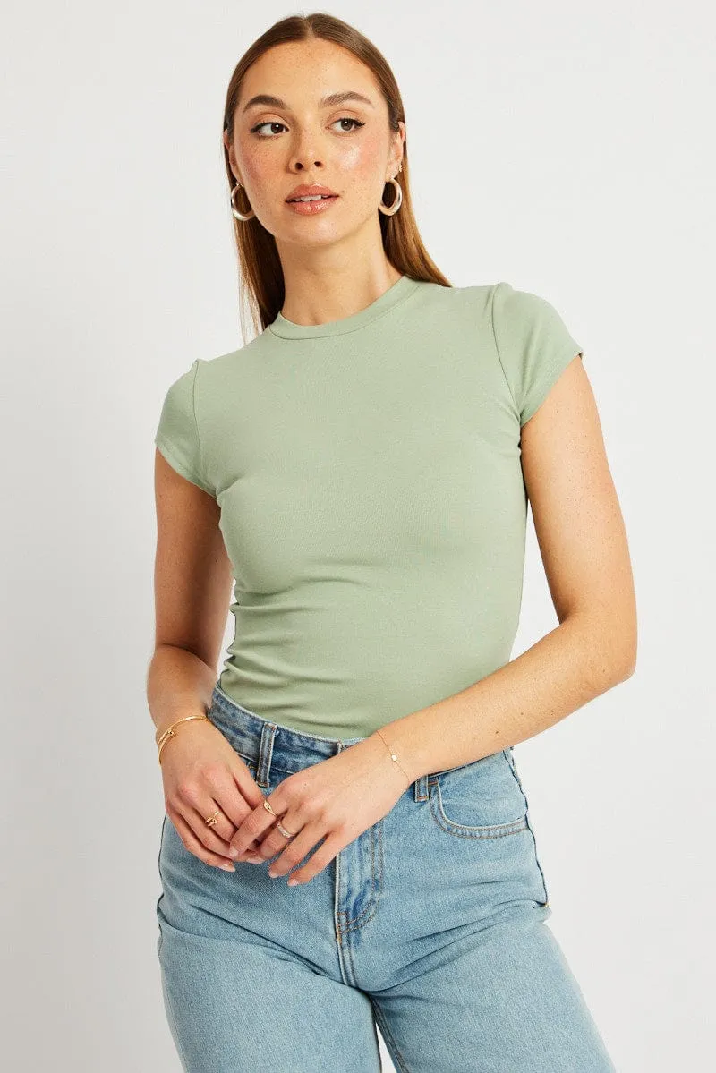 Green T Shirt Short Sleeve Crew Neck Cotton Rib Wonder Core Stylish Shoes