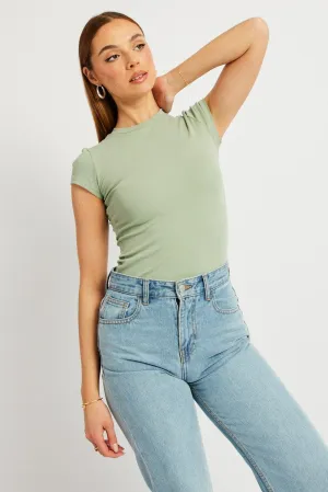 Slim Fit Jeans Green T Shirt Short Sleeve Crew Neck Cotton Rib