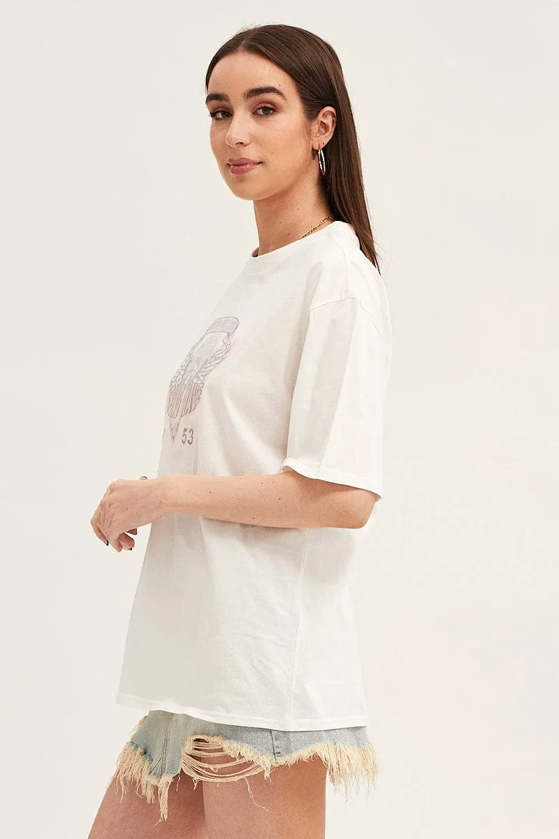 White Crew Neck Oversized Graphic T-Shirt AntiPilling Wrinkle Resistant Texture