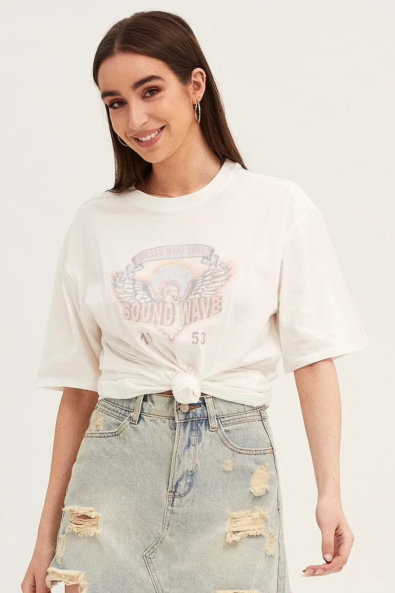 White Crew Neck Oversized Graphic T-Shirt Printed Logo Functional Wearable