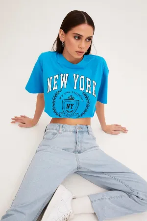 Blue Crop T Shirt Short Sleeve Crew Neck New York Essential Wardrobe Thermal Regulating Layer