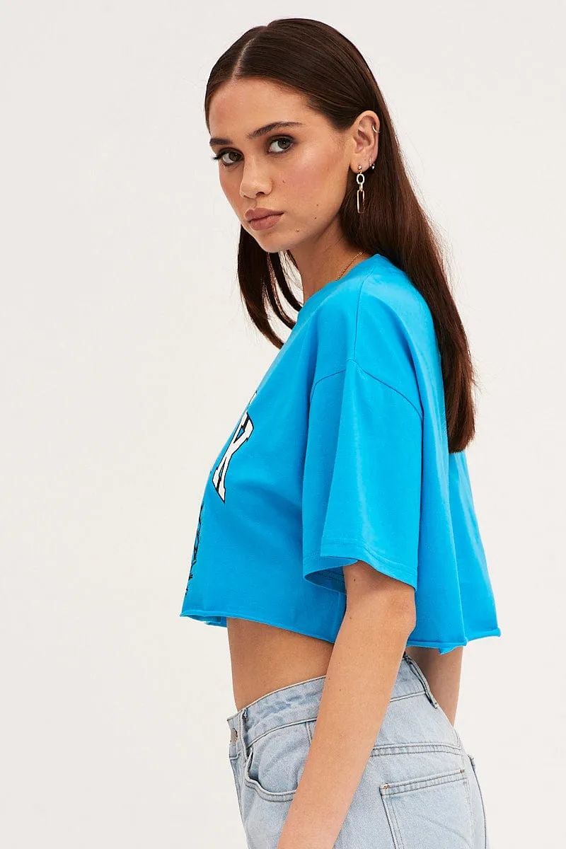 Bold Style Quick Fit Blue Crop T Shirt Short Sleeve Crew Neck New York
