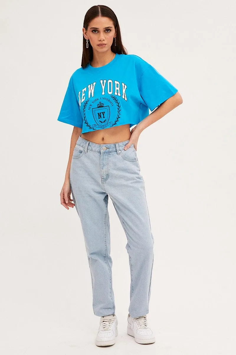 Everyday Comfort Style Casual Comfort Top Blue Crop T Shirt Short Sleeve Crew Neck New York